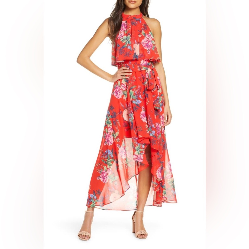 Elisa J Popover Halter High/Low Chiffon Maxi Dress